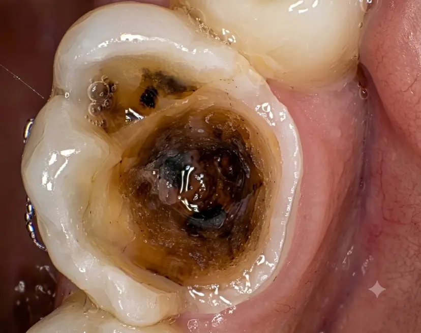 Muela restaurada con resina después del tratamiento de caries